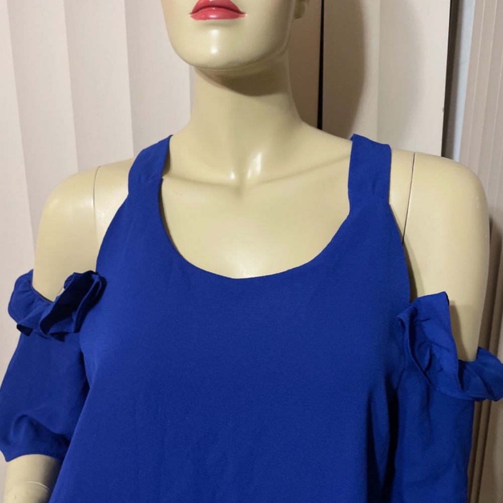 Women Small Royal Blue Cold Shoulder Ruffle Blouse- Absolutely Gorgeous- excelle - Picture 4 of 6